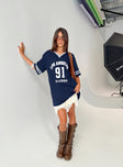 front view of model wearing Princess Polly Michail Jersey Dress Navy V-Neck 