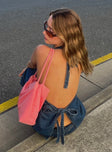 Front view of model wearing  front Princess Polly Sleeveless Sweetheart  Hills Halter Denim