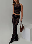 back view of model wearing Princess Polly Callahan Lace Top Black Sleeveless Crew Neck 