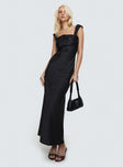 side view of model wearing Princess Polly Azura Off The Shoulder Maxi Dress Black Square Neck 