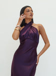 side view of model wearing Princess Polly Rosaminta Halter Maxi Dress Plum High Neck 