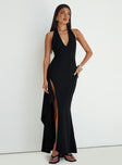 front view of model wearing Princess Polly Guisefene Halter Maxi Dress Black V-Neck 