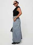   side view of model wearing Princess Polly McGuane Denim Midi Skirt Petite Maxi 