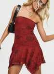 back view of model wearing Princess Polly Adonis Mini Dress Red Floral Straight Neck 