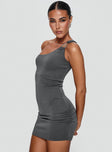 side view of model wearing Princess Polly True Desires Off The Shoulder Mini Dress Grey Asymmetric Neckline 