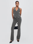 side view of model wearing Princess Polly Calexico Buckle Halter Top Grey Pinstripe Sleeveless V-Neck 