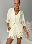 front view of model wearing Princess Polly Jamari Linen Blend Shirt Cream / Brown Half Sleeves V-Neck 