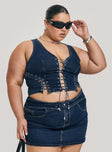 front view of model wearing Princess Polly Edenette Top Mid Blue Wash Curve Sleeveless Plunger 