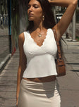 front view of model wearing Princess Polly Cappucino Lace Trim Top White Sleeveless Plunger 