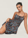 side view of model wearing Princess Polly Barrett Mini Dress Blue / Floral Square Neck 