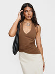 front view of model wearing Princess Polly Marvin Halter Top Brown Sleeveless V-Neck 