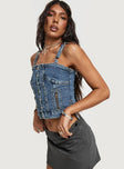 side view of model wearing Princess Polly Yappa Denim Top Mid Wash Sleeveless Square Neck 