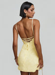 back view of model wearing Princess Polly South Of France Mini Dress Yellow Square Neck 