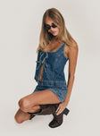 back view of model wearing Princess Polly Stefenie Denim Tie Top Mid Wash Sleeveless Square Neck 