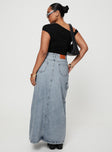 back view of model wearing Princess Polly McGuane Denim Midi Skirt Petite Maxi 