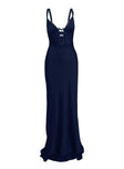 side view of model wearing Princess Polly Aphrodyte Lace Maxi Dress Navy Plunger 