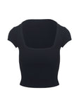 back view of model wearing Princess Polly Baseline Square Neck Rib Top Black Short Sleeves Square Neck 