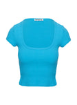 back view of model wearing Princess Polly Baseline Square Neck Rib Top Blue Short Sleeves Square Neck 