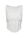 side view of model wearing Princess Polly Buttacupe Lace Corset Top White Sleeveless Scoop Neck 