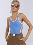 front view of model wearing Princess Polly Berkley Bodysuit Blue Sleeveless Scoop Neck 