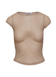 front view of model wearing Princess Polly Crystal Clear Mesh Top Rose Gold Short Sleeves High Neck 