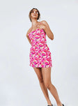 front view of model wearing Princess Polly Celena Mini Dress Pink Floral 