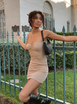 side view of model wearing Princess Polly Charm Strapless Mini Dress Brown 