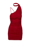 back view of model wearing Princess Polly Corentine Mini Dress Red Asymmetric Neckline 