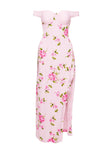 back view of model wearing Princess Polly Emmeline Off The Shoulder Maxi Dress Pink Floral Curve Sweetheart Neckline 