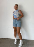 side view of model wearing Princess Polly Maggie Denim Shorts Denim 