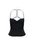 back view of model wearing Princess Polly Floresta Razor Back Halter Top Black Sleeveless Plunger 