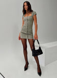 front view of model wearing Princess Polly Gaskin Cap Sleeve Mini Dress Slate Square Neck 