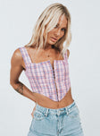 front view of model wearing Princess Polly Day Dreaming Top Pink Check 