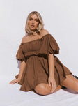 front view of model wearing Princess Polly Halton Mini Dress Brown 