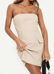 side view of model wearing Princess Polly Langdon Strapless Mini Dress Beige Straight Neck 