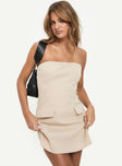 front view of model wearing Princess Polly Langdon Strapless Mini Dress Beige Straight Neck 