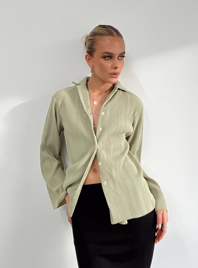 back view of model wearing Princess Polly Louie Pleated Shirt Sage Full Sleeves V-Neck 