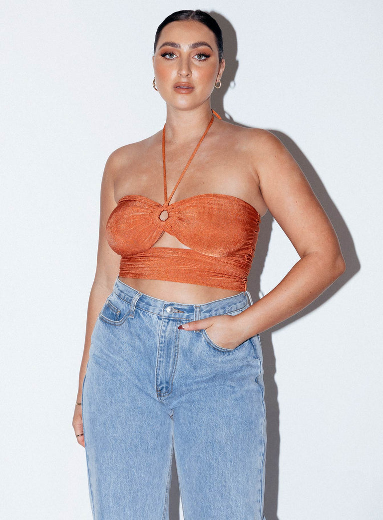 side view of model wearing Princess Polly Loriella Ring Detail Crop Top Rust 