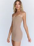 side view of model wearing Princess Polly Rella Mini Dress Beige 