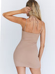 back view of model wearing Princess Polly Rella Mini Dress Beige 