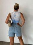 back view of model wearing Princess Polly Maggie Denim Shorts Denim 