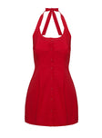 back view of model wearing Princess Polly Mallorie Halter Mini Dress Red Scoop Neck 