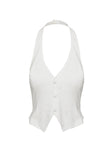 back view of model wearing Princess Polly Mccarthie Halter Vest Top White Sleeveless Plunger 