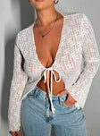 Front view of model wearing  front Princess Polly Full Sleeves Plunger  Nucci Lace Long Sleeve Top White