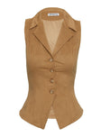 side view of model wearing Princess Polly Oh So Retro Faux Suede Vest Beige Sleeveless V-Neck 