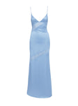 side view of model wearing Princess Polly On Postcards Tie Split Maxi Dress Blue Plunger 