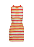 side view of model wearing Princess Polly Oxygen Mini Dress Orange Stripe Crew Neck 