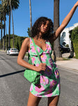 front view of model wearing Princess Polly Quincy Mini Dress Green / Pink Floral 