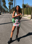 front view of model wearing Princess Polly Quincy Mini Dress Green / Pink Floral 