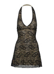 side view of model wearing Princess Polly Sonella Lace Halter Mini Dress Black Plunger 